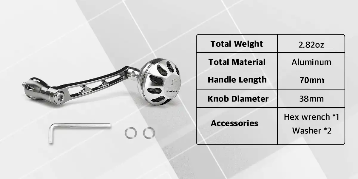Gomexus LMY-A38 CNC aluminum shimano spinning reel handle with 70mm arm 38mm knob specification chart