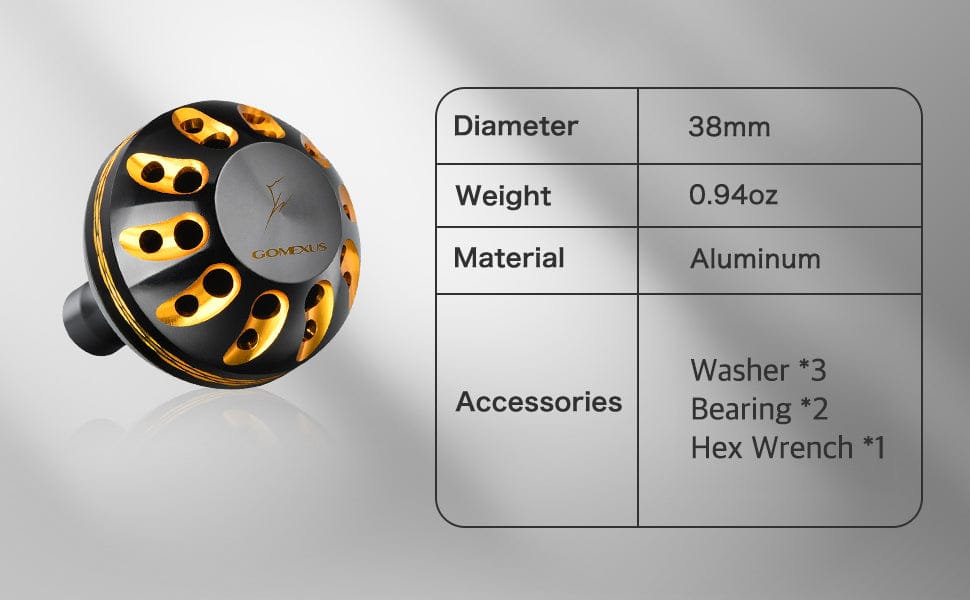 Gomexus Aluminum Reel Power Knob 38mm C38 1 Aluminum accessory with specifications displayed
