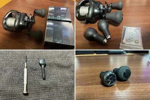Dial in Your Casting with Gomexus Custom Knobs: A Shimano 20 Exsence DCSS Review 2 Fishing reel components on wooden surface
