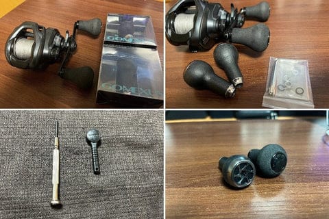 Fishing reel components on wooden surface