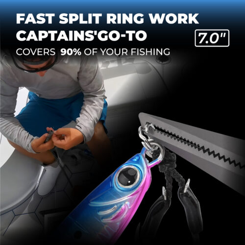 Professional fishing captain using agile 7 inch Titanium Fishing Pliers for fast split ring work on boat deck
