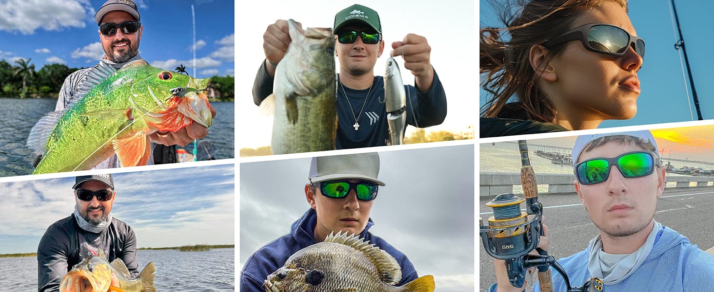 Gomexus J15 Fishing Sunglasses 2 Collage of fishing moments and catches.