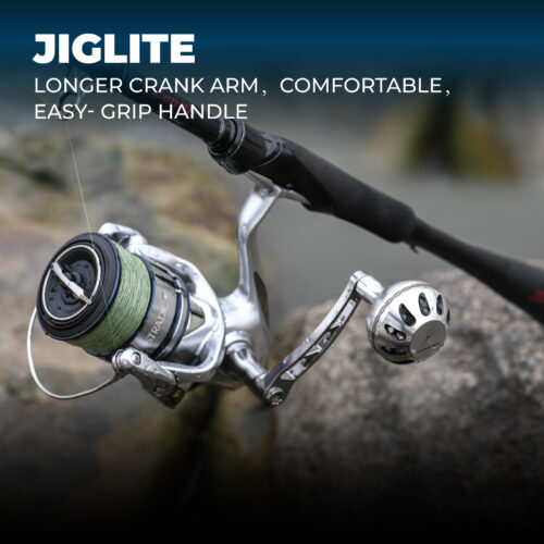 Gomexus LMY-A38 Jiglite extended handle custom mounted on a Shimano Stradic FL