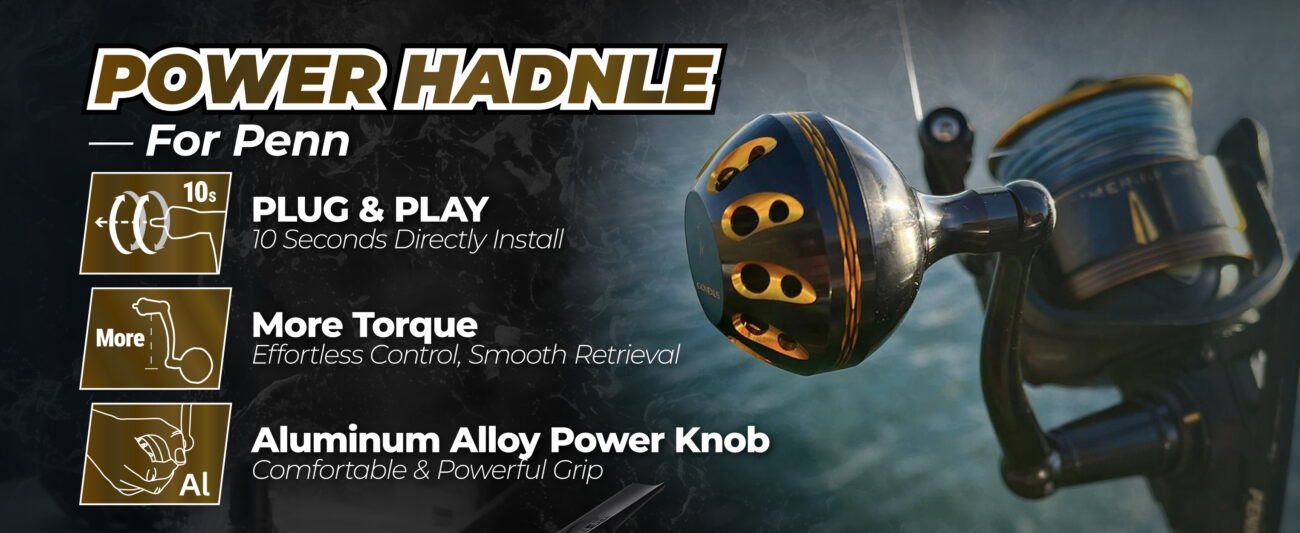 Gomexus custom penn battle power handle infographic highlighting 10-second plug and play installation more torque and aluminum alloy knob