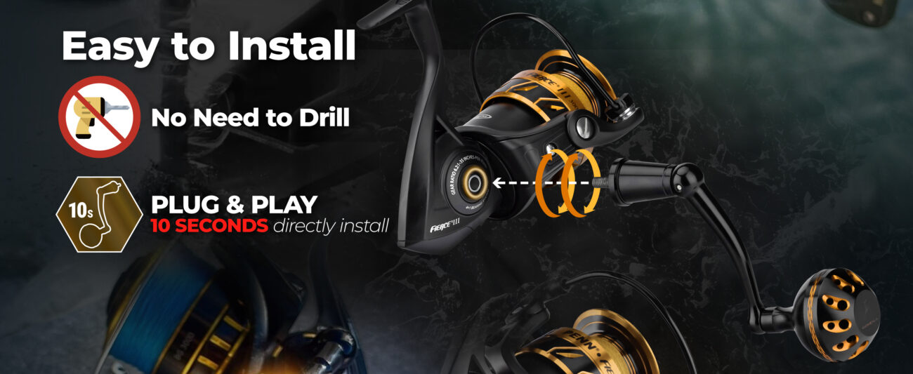 Easy screw-in installation for Gomexus penn battle power handle demonstrating seamless 10-second plug and play design with no drilling required