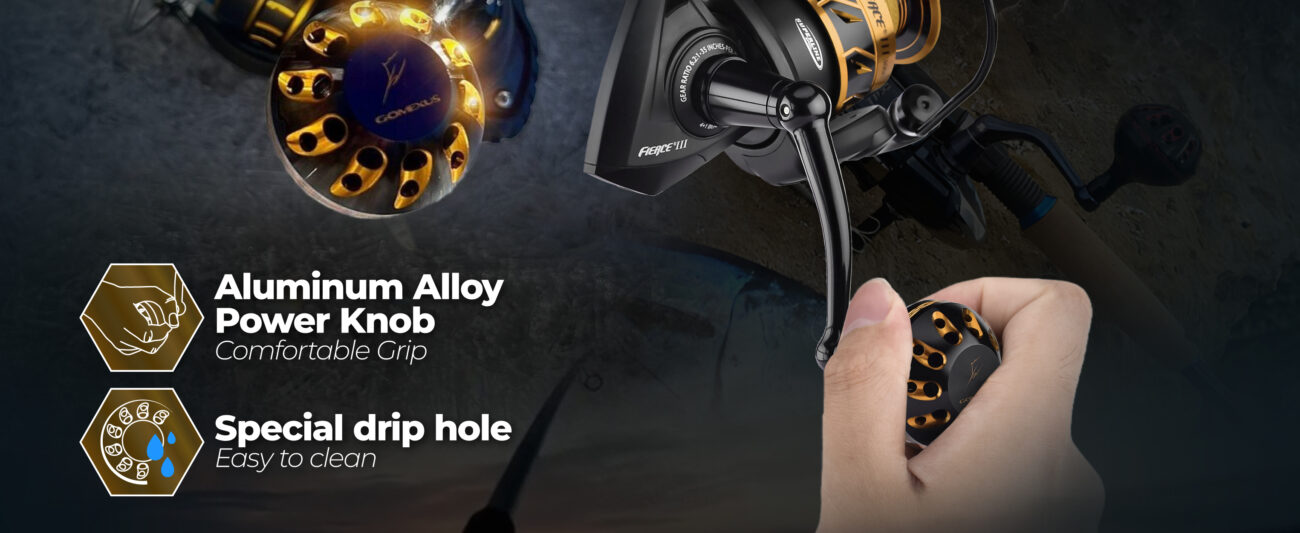 Close-up of ergonomic aluminum alloy knob with special drip holes on a Gomexus penn battle power handle upgrade for comfortable grip