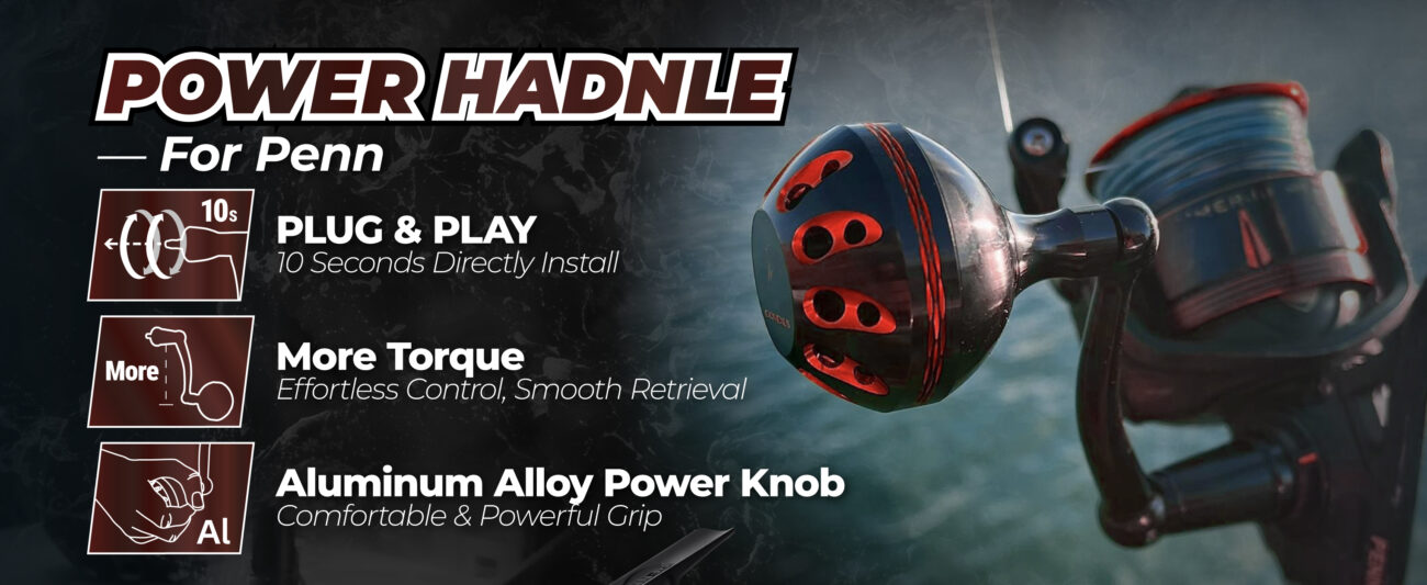Gomexus custom penn fierce power handle infographic highlighting 10-second plug and play installation more torque and aluminum alloy knob