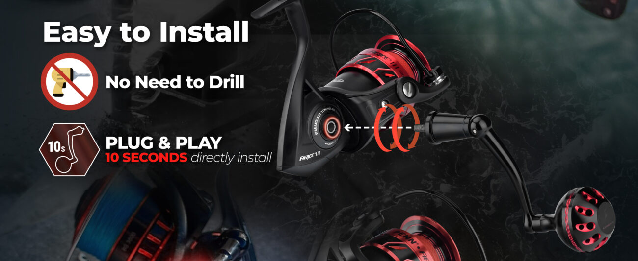 Easy screw-in installation for Gomexus penn fierce power handle demonstrating seamless 10-second plug and play design with no drilling required