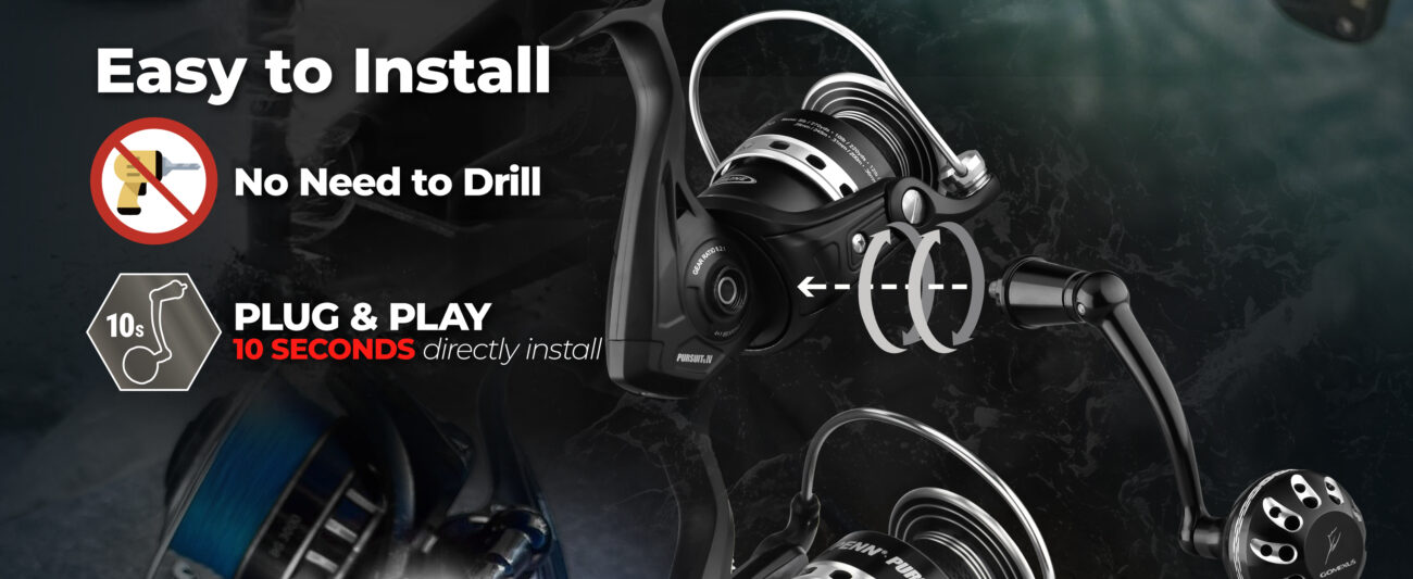 Easy screw-in installation for Gomexus penn pursuit power handle demonstrating seamless 10-second plug and play design with no drilling