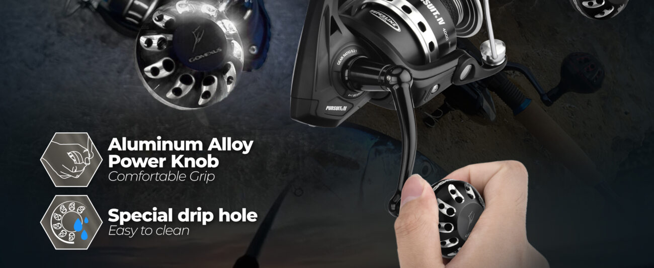Close-up of ergonomic aluminum alloy knob with special drip holes on a Gomexus penn pursuit power handle upgrade for comfortable grip