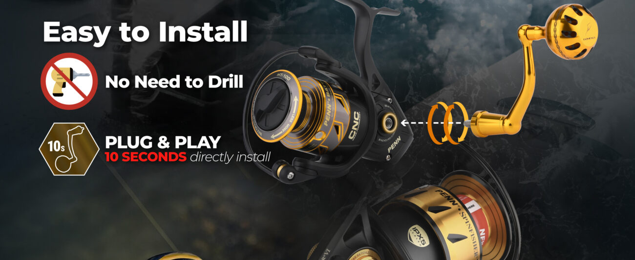 Easy screw-in installation for Gomexus penn spinfisher power handle showing seamless 10-second plug and play design with no drilling required