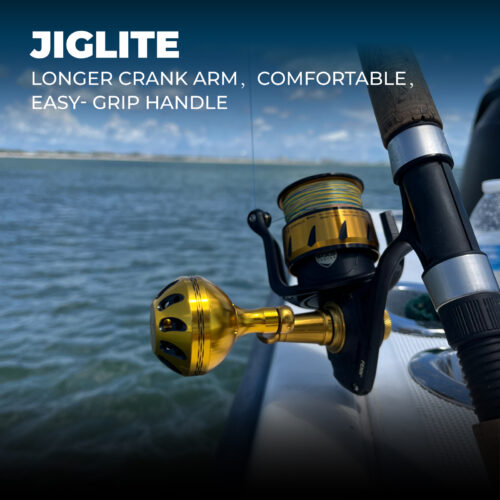 Gomexus Jiglite extended penn spinfisher power handle upgrade mounted on a reel by the ocean