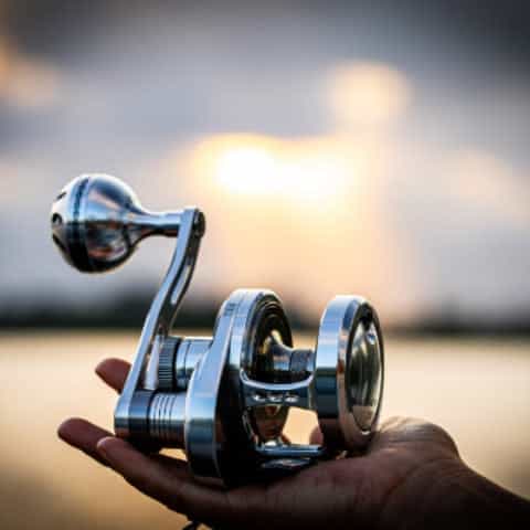 Shiny fishing reel in hand.