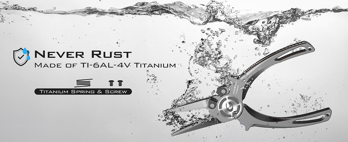 Gomexus Titanium Fishing Pliers 7'' for Inshore Fishing Swimbait Fishing Never Rust Split Ring Design 1 Titanium pliers in water splash.