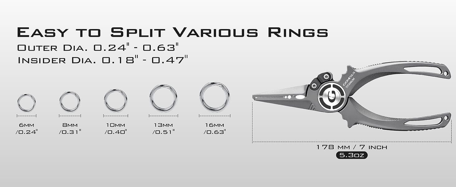 Gomexus Titanium Fishing Pliers 7'' for Inshore Fishing Swimbait Fishing Never Rust Split Ring Design 3 Sizes of split rings displayed.