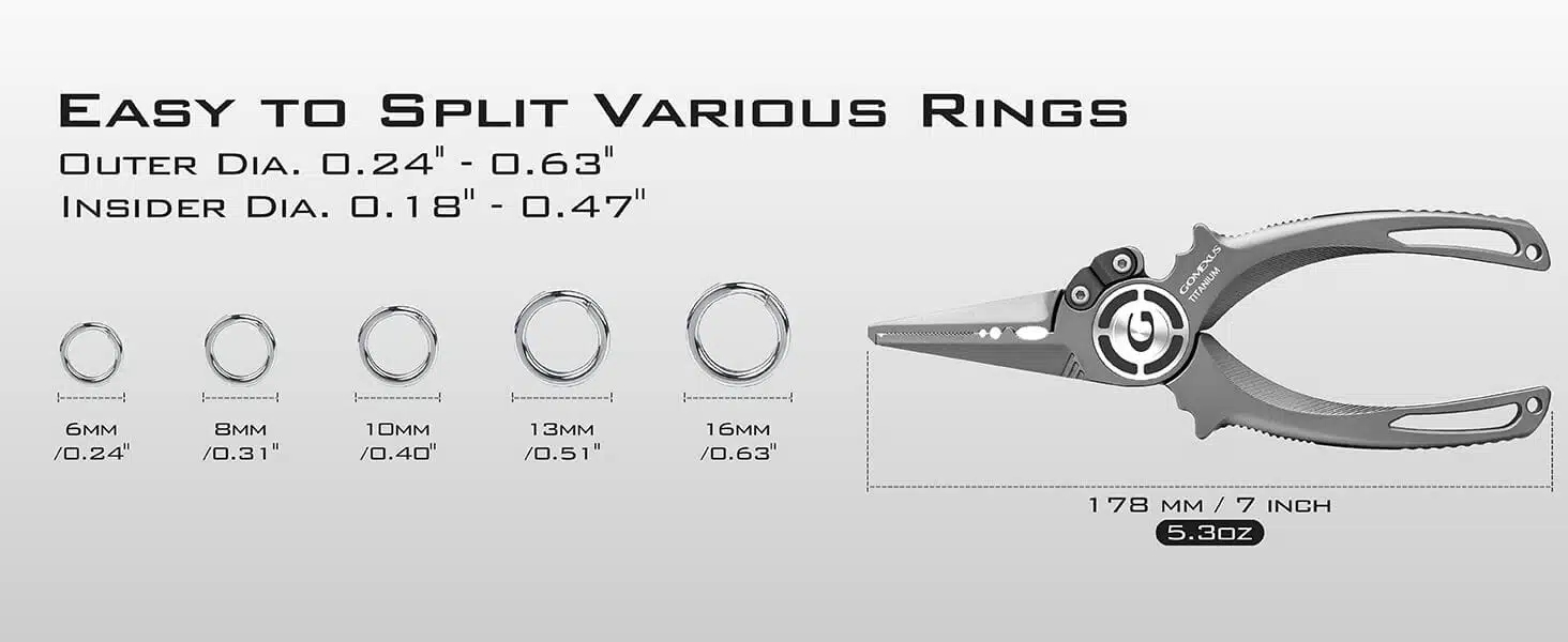 Gomexus Titanium Fishing Pliers 7'' for Inshore Fishing Swimbait Fishing Never Rust Split Ring Design 3 Sizes of split rings displayed.