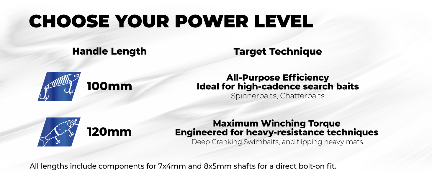 Choose your power level with Gomexus 100mm handle for search baits or 120mm handle for heavy resistance winching torque
