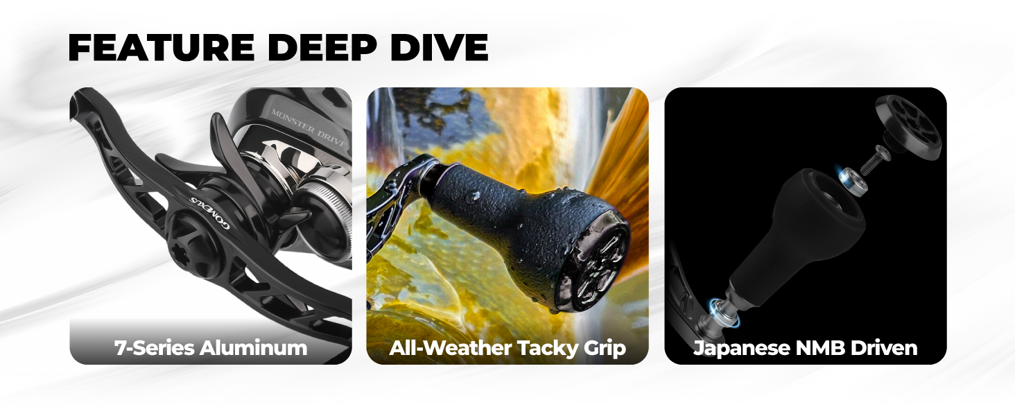 Gomexus BDH-A27 | Baitcasting Reel Handle Upgrade (100mm/120mm) 3 Premium features of Gomexus handle showing CNC 7075 aluminum arm, all-weather tacky TPE grip, and Japanese NMB bearings