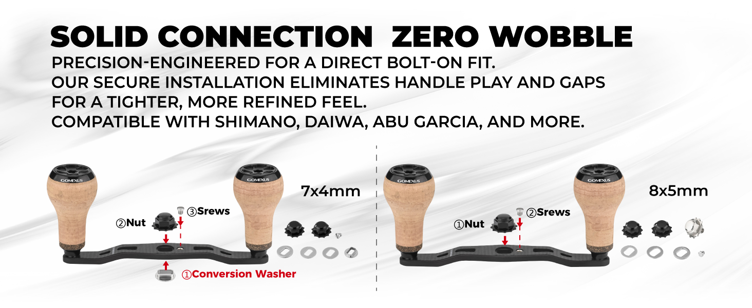 Gomexus 105mm carbon baitcasting reel handle installation guide for 7x4mm and 8x5mm shafts on Shimano Daiwa Abu Garcia reels