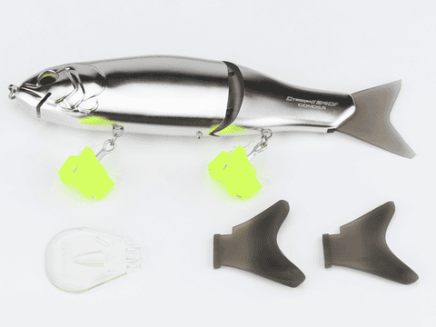 Shiny fish lure with attachments.