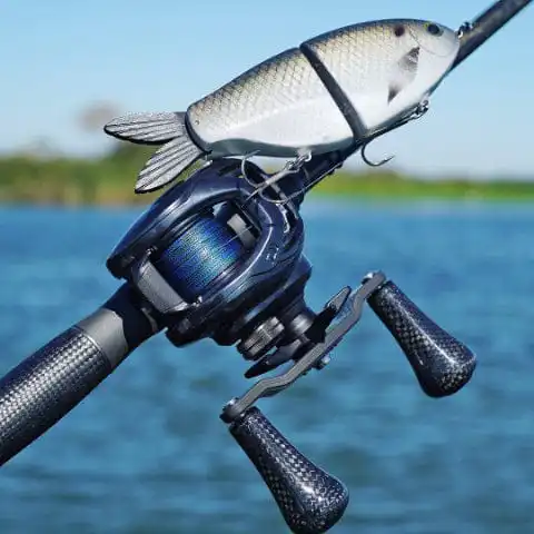 Heavy duty Gomexus power fishing handle installed on a heavy cover swimbait bass setup