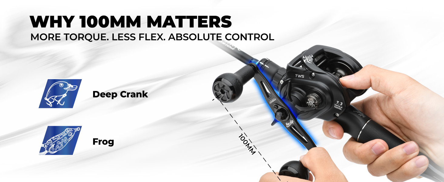 Gomexus MBD-A27 | Baitcasting Reel Handle Upgrade (100mm) with UV TPE Knob 3 Gomexus 100mm extended baitcasting reel handle arm generating massive cranking torque for deep crankbaits and frog fishing