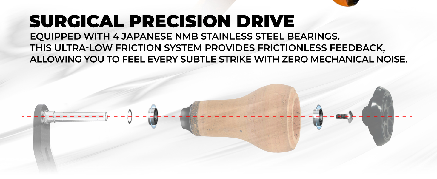 Exploded view of carbon baitcasting reel handle displaying 4 Japanese NMB stainless steel bearings for smooth mechanical drive