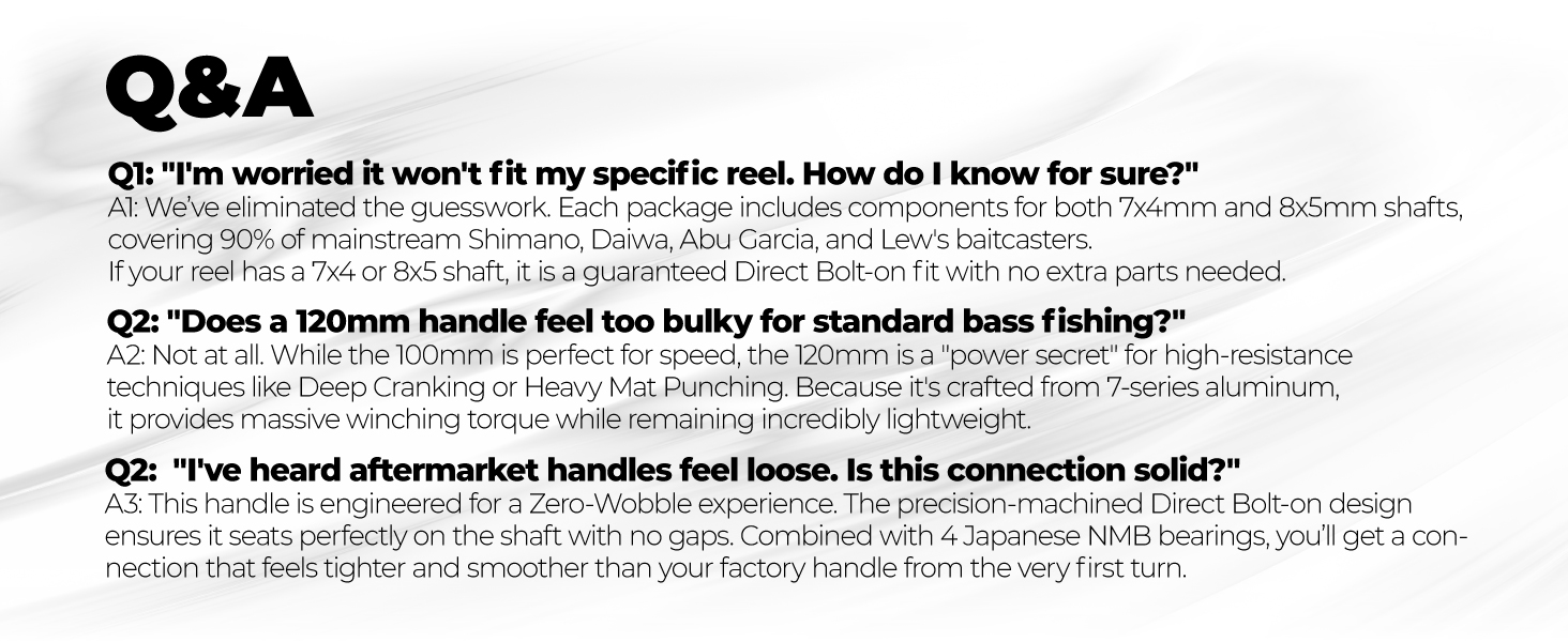 Gomexus BDH-A27 | Baitcasting Reel Handle Upgrade (100mm/120mm) 5 Universal compatibility Q&A chart for Shimano, Daiwa, Abu Garcia, and Lews baitcasters with 7x4mm and 8x5mm shafts