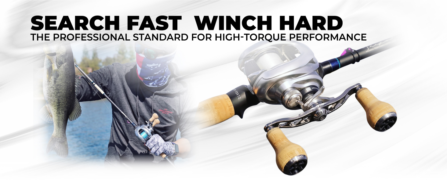 Gomexus BDH-CA27 extended cork baitcasting reel handle delivers maximum winching torque for heavy cover power fishing