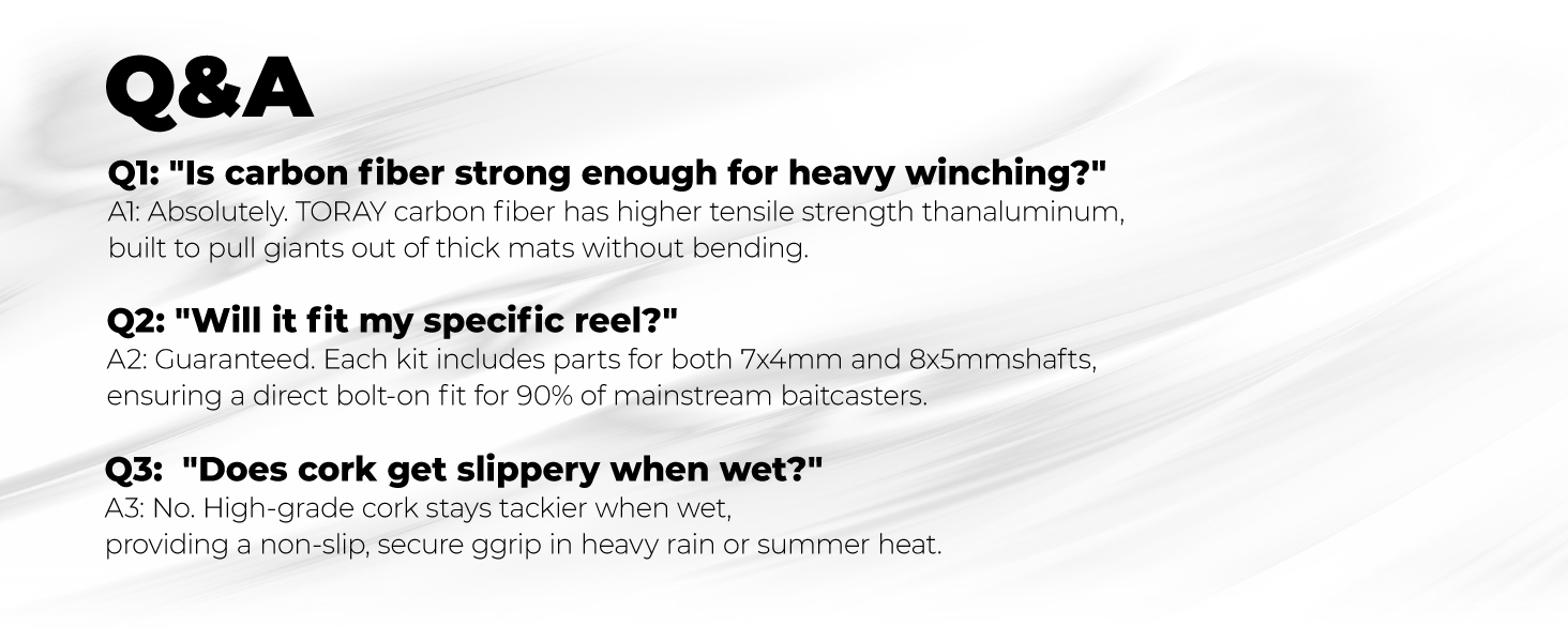 Technical Q&A for carbon baitcasting reel handle discussing winching strength, shaft size, and wet-weather cork grip performance