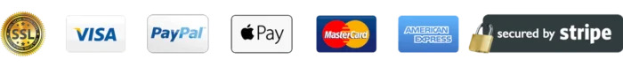 SSL Secure Checkout with Visa, PayPal, Apple Pay, MasterCard, American Express and Stripe