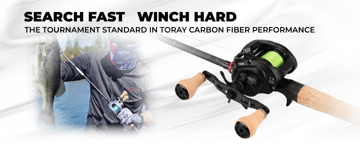 Gomexus DC-CA27 carbon baitcasting reel handle with cork knobs installed on a baitcasting reel with a professional angler holding a bass