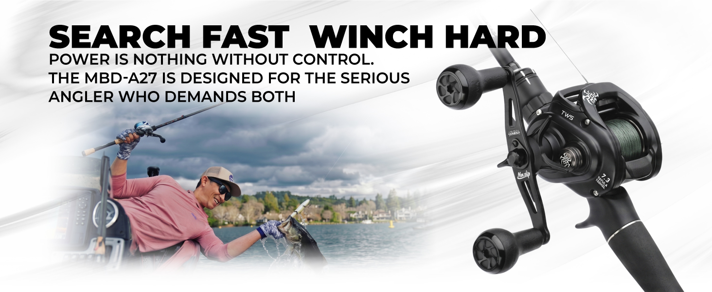 Gomexus MBD-A27 | Baitcasting Reel Handle Upgrade (100mm) with UV TPE Knob 1 Gomexus MBD-A27 aluminum baitcasting reel handle with TPE knobs installed on a baitcaster reel next to a professional bass angler