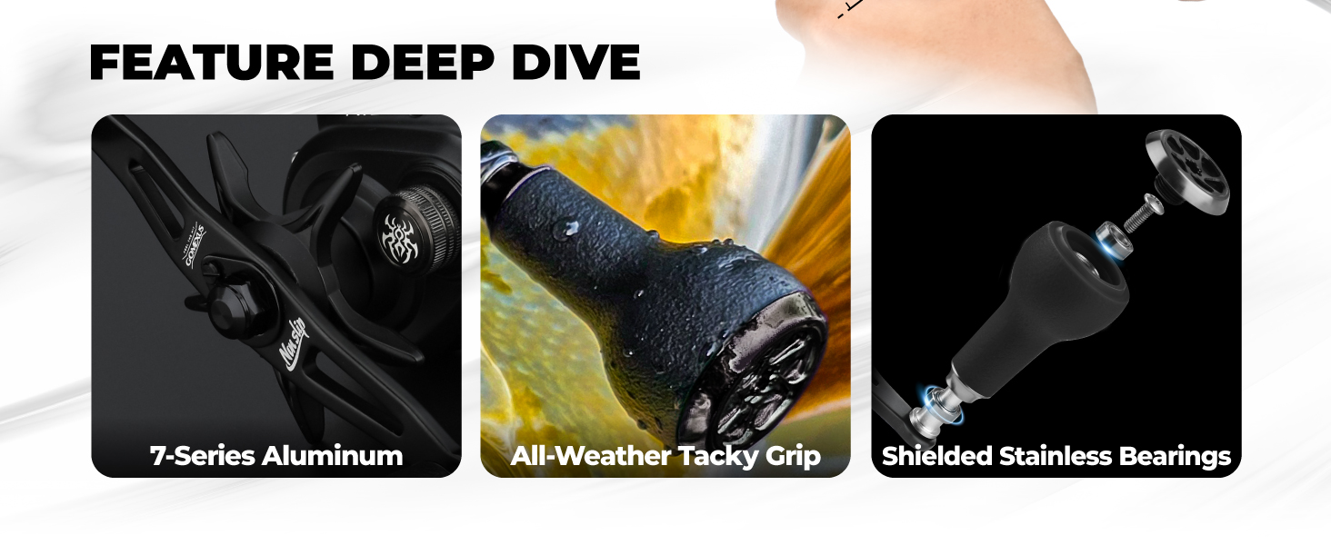 Gomexus MBD-A27 | Baitcasting Reel Handle Upgrade (100mm) with UV TPE Knob 4 Feature deep dive of baitcasting reel handle detailing 7-series aluminum arm all-weather TPE grip and shielded stainless bearings