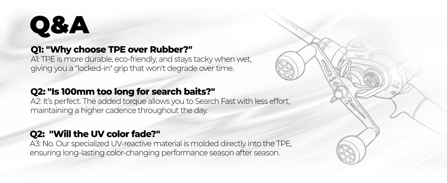 Gomexus MBD-A27 | Baitcasting Reel Handle Upgrade (100mm) with UV TPE Knob 5 Technical questions and answers explaining TPE knobs durability 100mm torque advantage and UV color-changing performance