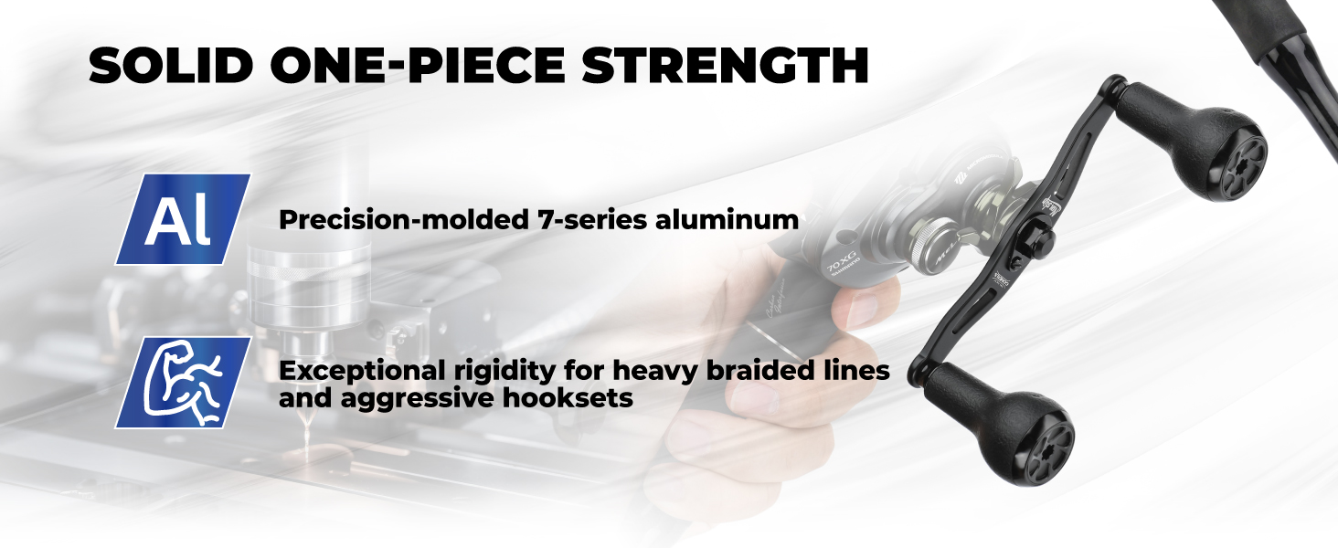 Gomexus MBD-A27 | Baitcasting Reel Handle Upgrade (100mm) with UV TPE Knob 2 Precision-molded one-piece 7-series aluminum baitcasting reel handle providing heavy drag strength and zero-flex rigidity