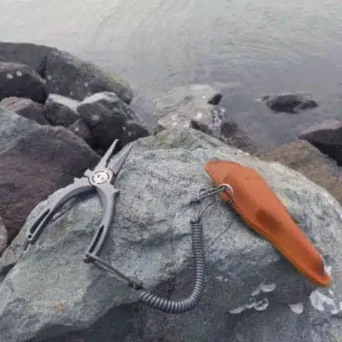Fishing pliers on rocky surface.