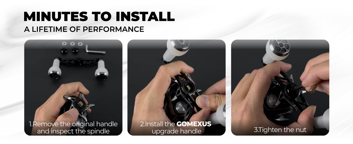 Gomexus BDH-A27 | Baitcasting Reel Handle Upgrade (100mm/120mm) 4 3-step DIY installation guide for upgrading factory baitcasting reel handle to a premium Gomexus handle
