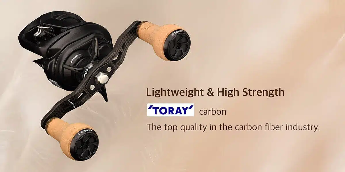 Fishing reel with carbon fiber handles.