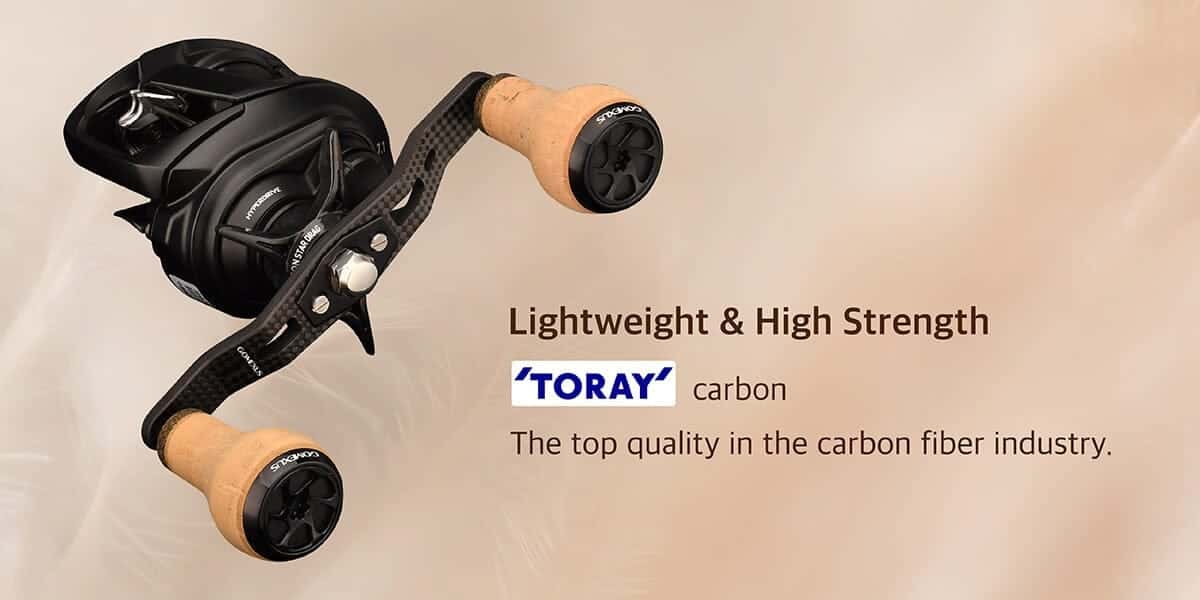 Gomexus Carbon Handle for Baitcasting Reel with Cork Knob DC-CA27 1 Fishing reel with carbon fiber handles.