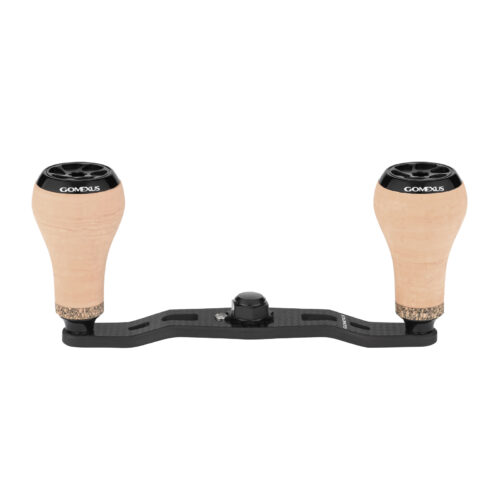 Gomexus DC-CA27 carbon baitcasting reel handle 105mm with 27mm Portuguese cork knobs isolated on white background