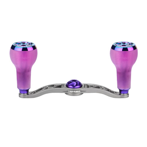 Gomexus BDH-A27 100mm purple silver baitcasting reel handle with custom anodized aluminum accents and TPE knobs