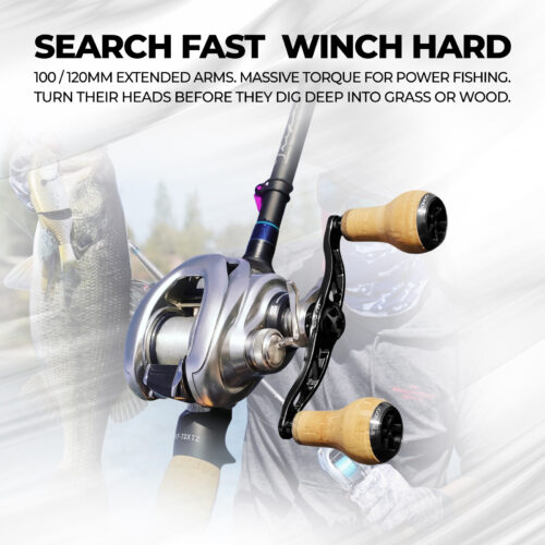 Gomexus extended 100mm 120mm cork baitcasting reel handle delivering massive torque for heavy cover winch power fishing