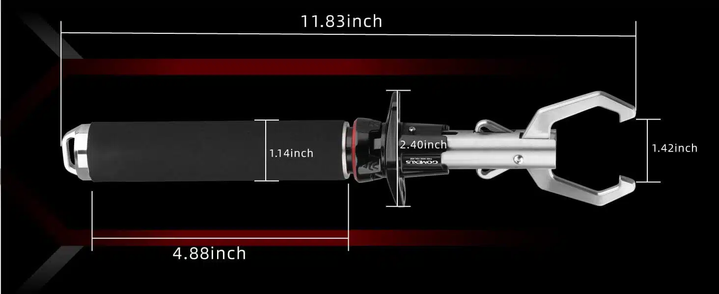 GOMEXUS Quick-Release Fishing Gripper Heavy-Duty 316 Stainless Steel 360° Rotating Jaw Safe Control for Inshore Fishing 3 Dimensions of the fishing tool displayed.