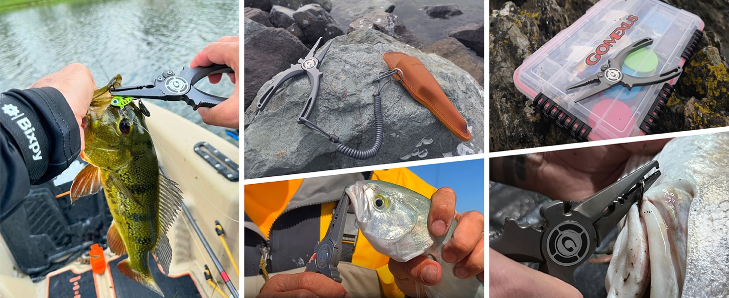 Fishing tools in various outdoor settings.