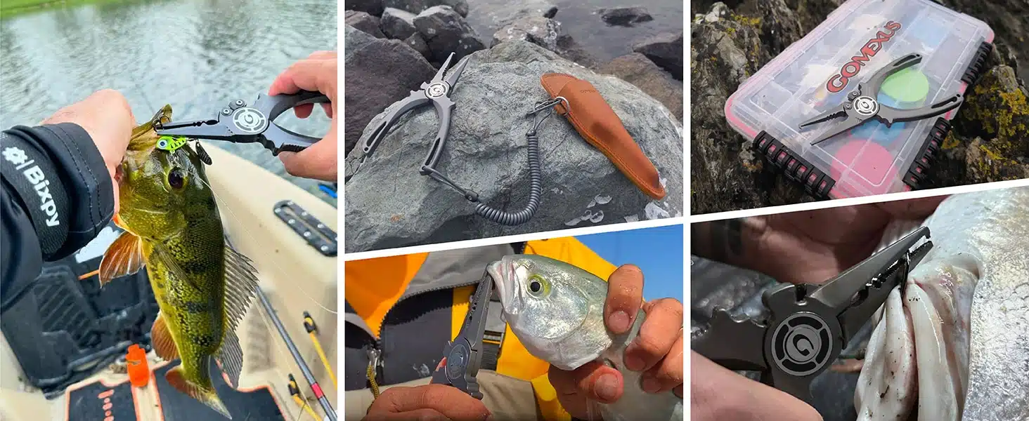 Fishing tools in various outdoor settings.