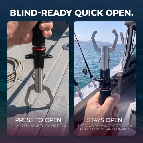 Press to open blind-ready quick release fish gripper jaws locking open on boat deck for fast landing