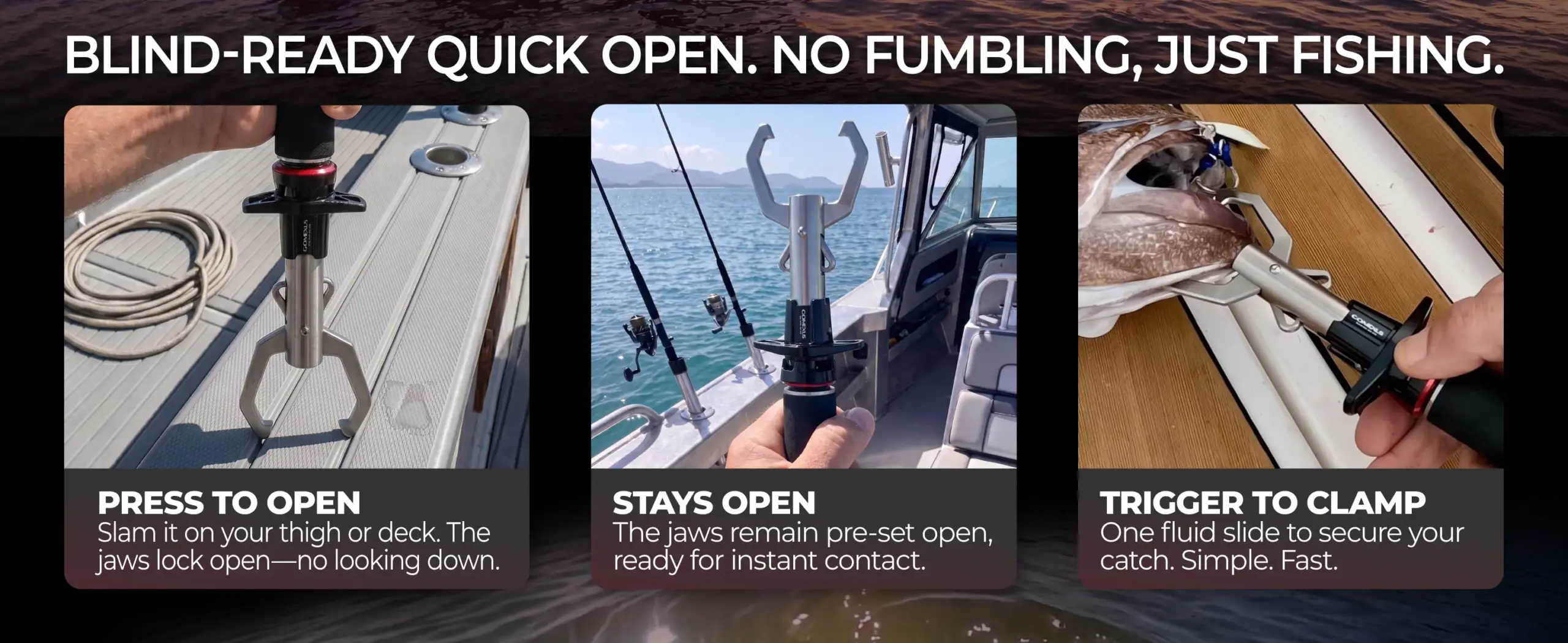 How to use G-Gripper E12 quick release fish gripper press to open and trigger to clamp steps