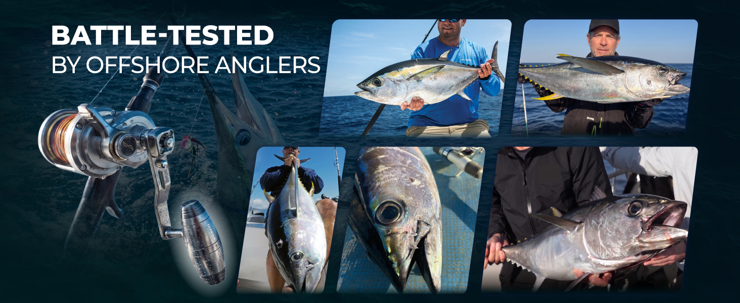 Battle tested offshore anglers catching giant tuna marlin and swordfish using the Gomexus heavy duty trolling reel replacement handle