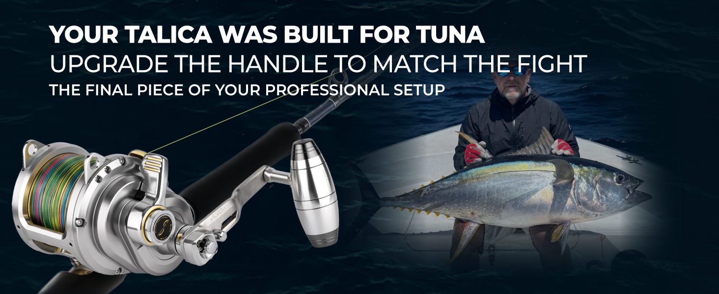 Gomexus Shimano Talica power handle upgrade on a trolling reel landing a massive yellowfin tuna offshore